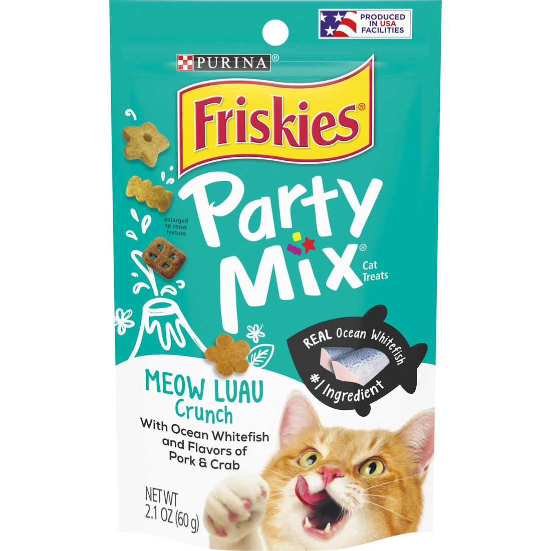 Purina Friskies Party Mix Cat Treats Meow Luau Crunch with Ocean Whitefish Crunchy Cat Treats Made for Adult Cats 2.1 Ounce Resealable Pouch (Pack of 1)