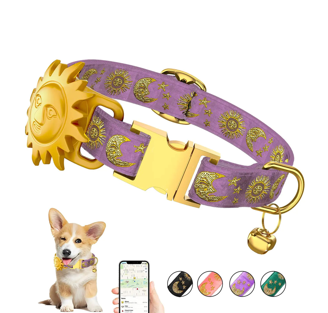 Airtag Dog Collar Dog Collar for Large Dogs Dog Collars for Medium Dogs Dog Collars for Small Dogs with AirTag Holder Case Dog GPS Tracker Collar Moons Stars Design (Lavender Small)