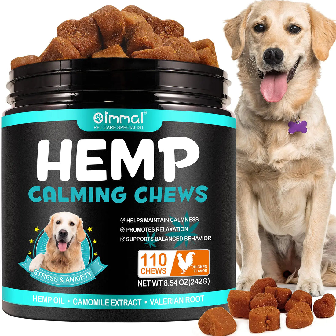 Hemp Calming Chews for Dogs110 Chews Chicken Dog Calming Treats Anxiety Relief 100% Golden Ratio of Natural Ingredients Calming Dog Treats Aid with Separation Barking Stress Relief Thunderstorms