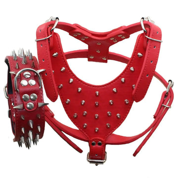 Pimaodog PU Leather Spiked Studded Dog Collars Harnesses 2Pcs Matching Set for Medium & Large Dogs Pit BullMastiff Boxer Bull Terrier (Spikes Red L)