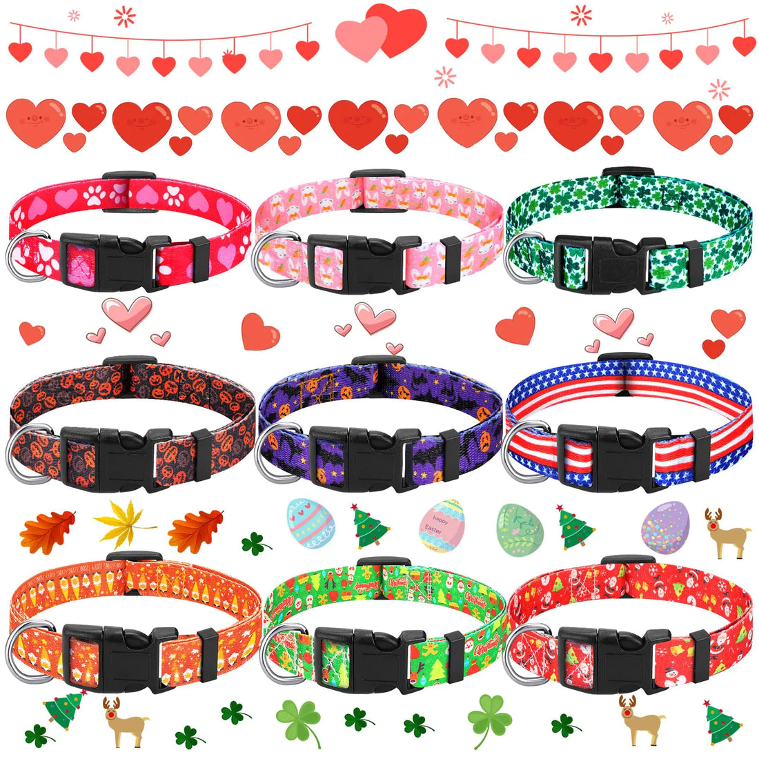 Buryeah 9 Pcs Holiday Dog Collars for Dogs Valentines Day Dog Collars St. Patricks Day Dog Collars Adjustable Plastic Buckle for Puppy Dogs Pet(Medium)