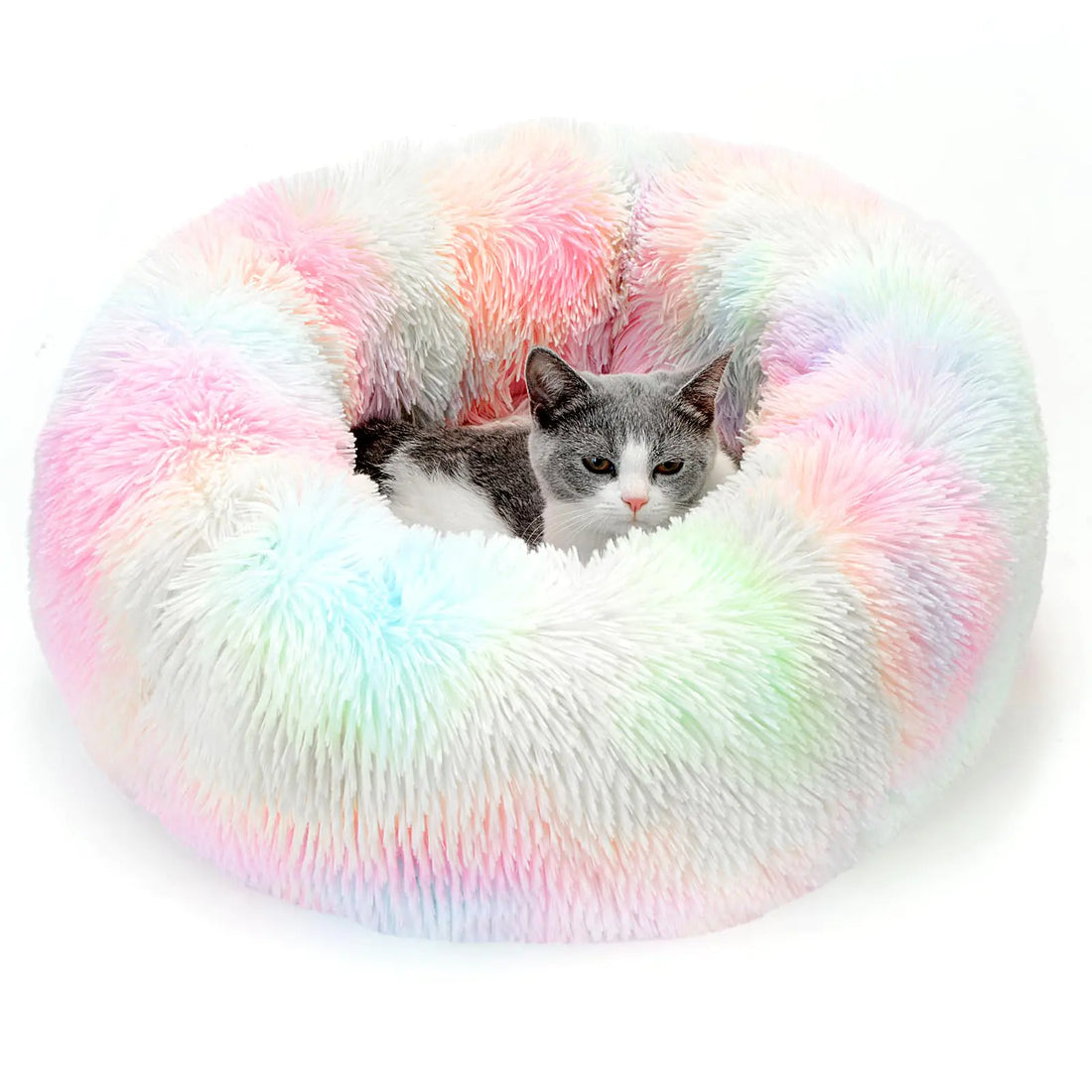 KSSDLSM Cat Dog Beds for Indoor Cats， Fluffy Round Removable Cat Bed，Waterproof Non-Slip Self-Heating Pet Bed (Large Rainbow)
