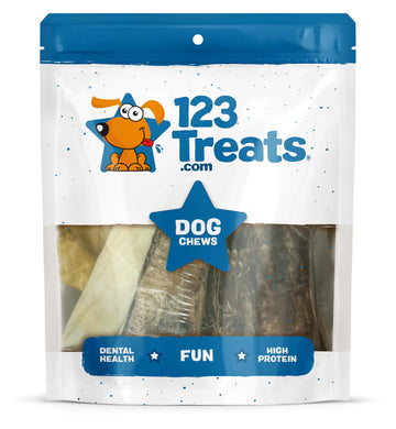 123 Treats Assorted Dog Chews – 100% Natural Lamb Beef Rawhide Pork & Chicken Jerky Mixed Dog Chews Variety Pack Long Lasting Chews Mix Treats for Dogs (8 oz Bag)