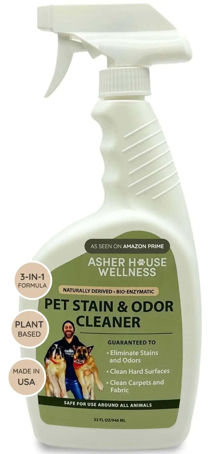 Asher House Wellness Pet Odor Eliminator for Home - 3-in-1 Bio-Enzymatic Formula for Pet Stain & Carpet Stain Cat & Dog Pee Poop Urine Odor Remover - Safe Enzyme Cleaner Spray for Animals Surfaces