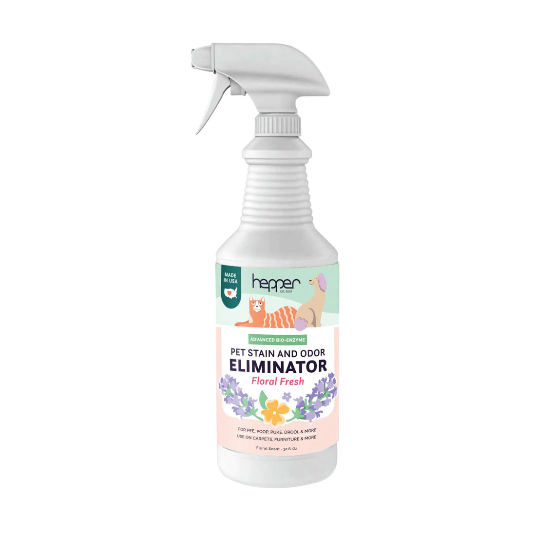 Hepper Advanced Bio-Enzyme Pet Stain & Odor Eliminator Spray - Smell Stain & Urine Remover for Cats Dogs & Other Animals - 32oz Spray Safe for the Home - Floral Fresh