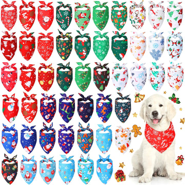 50 Pieces Christmas Dog Bandanas Bulk Dog Kerchief Set Bibs Triangle Dog Scarf Dog Bandanas with Christmas Patterns for Pet Christmas Party Costume Accessories Decoration (25.6 x 17.7 x 17.7 Inch)