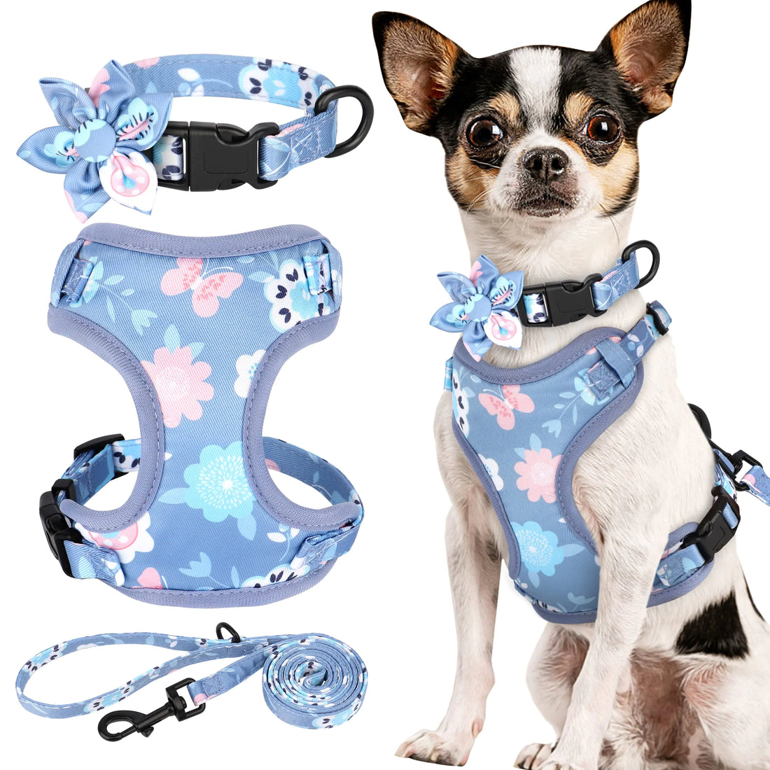 Beirui Cute Girl Dog Collars Harnesses & Leashes Set - Adjustable Dog Collar and Leash Set with Flower - Soft Mesh Dog Vest Harness for Puppies Small & Extra Small Dogs Cats (PurpleXXS)