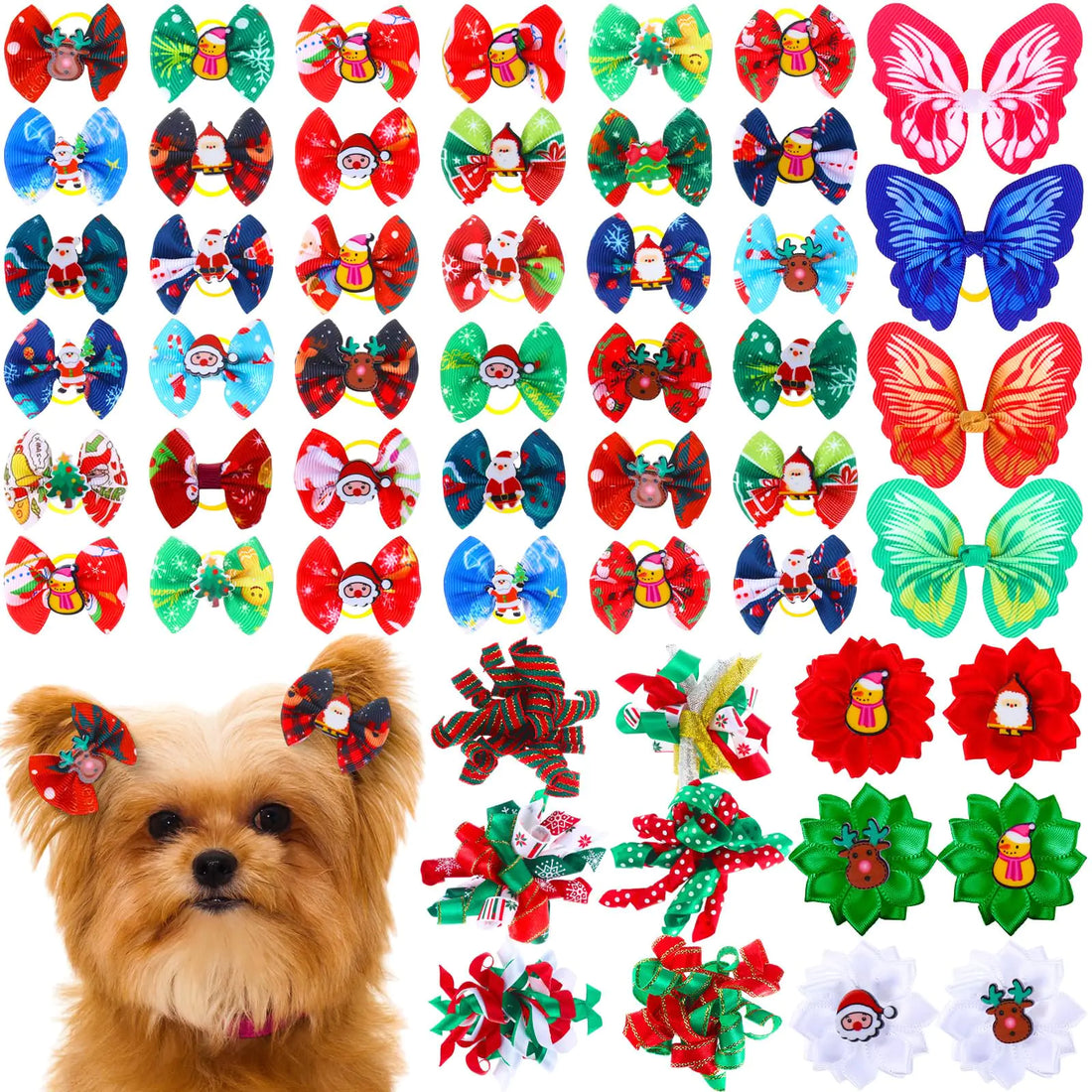 Wavwavw 52 Pcs Christmas Dog Bows Bulk with Rubber Bands Christmas Dog Hair Bows Pet Grooming Bows for Holiday Xmas Christmas Party Cute Puppy Cat Bows Pet Hair Accessories