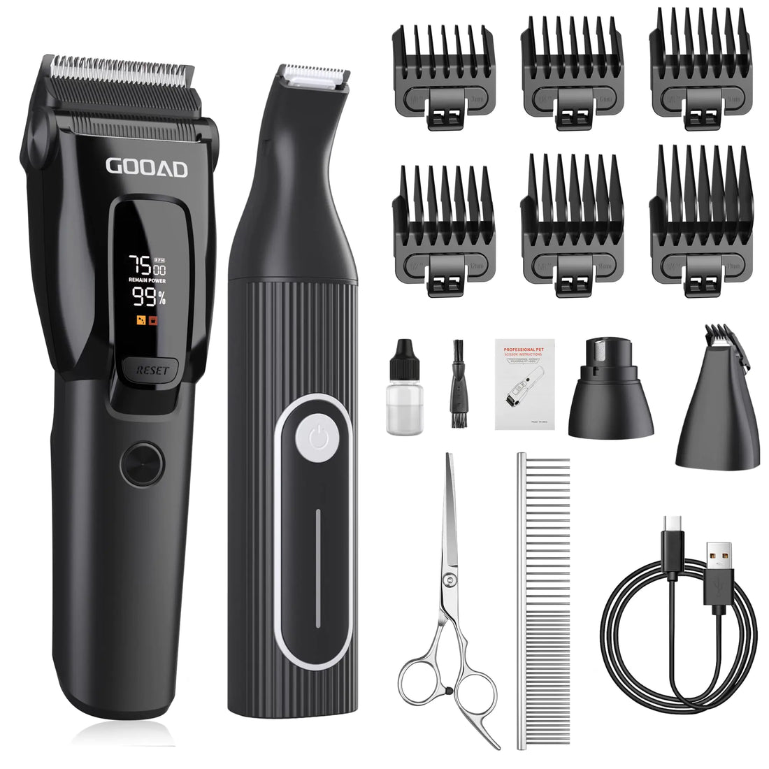 Gooad Dog Grooming Clippers for Thick Coats 3-Speed Professional Cordless Quiet Dog Clippers for Grooming with Metal Blades and Pet Hair Clippers for Dogs Paws Low Noise Pet Grooming Kit