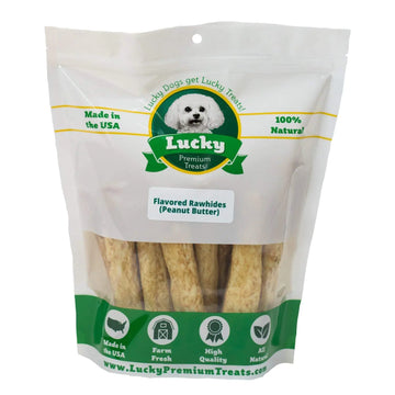 Lucky Premium Treats Peanut Butter Basted Rawhide – All-Natural Rawhide and Peanut Butter Dog Treats for Medium Dogs Gluten Free Premium Medium Dog Treats (7 Chews)