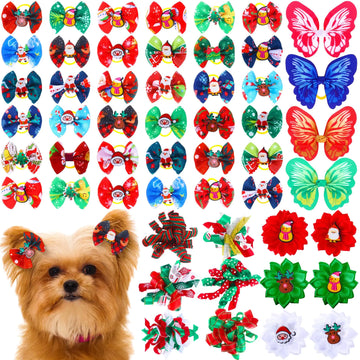 Wavwavw 52 Pcs Christmas Dog Bows Bulk with Rubber Bands Christmas Dog Hair Bows Pet Grooming Bows for Holiday Xmas Christmas Party Cute Puppy Cat Bows Pet Hair Accessories