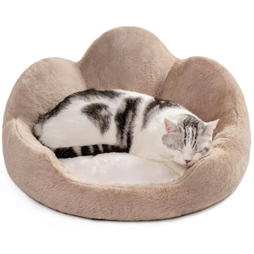 MEWOOFUN Cat Beds for Indoor Cats Cozy Cute Cat Couch Bed Washable Round Fluffy Small Dog Beds with Anti-Slip Bottom Puppy Bed for Small Animals (Khaki 23")