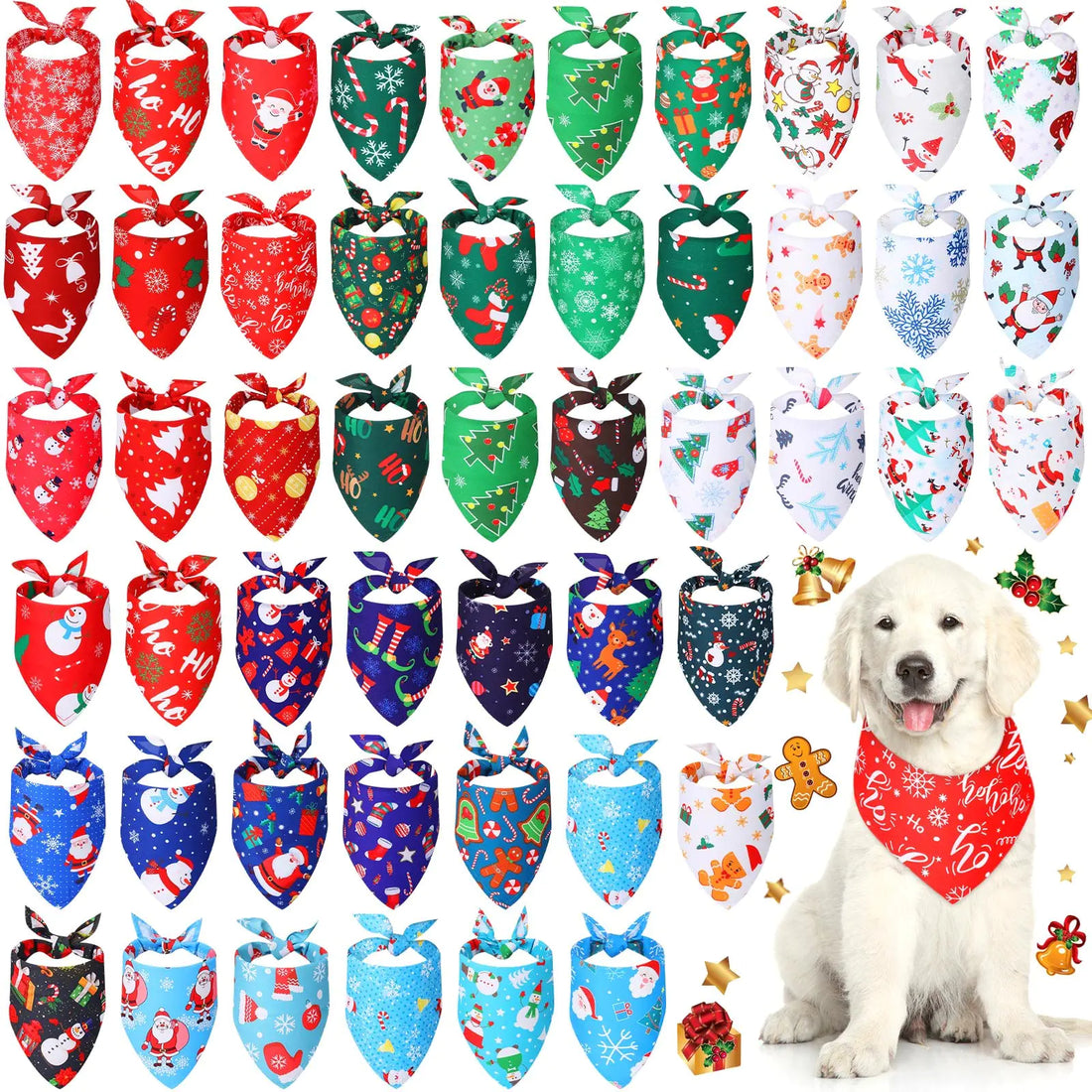50 Pieces Christmas Dog Bandanas Bulk Dog Kerchief Set Bibs Triangle Dog Scarf Dog Bandanas with Christmas Patterns for Pet Christmas Party Costume Accessories Decoration (25.6 x 17.7 x 17.7 Inch)